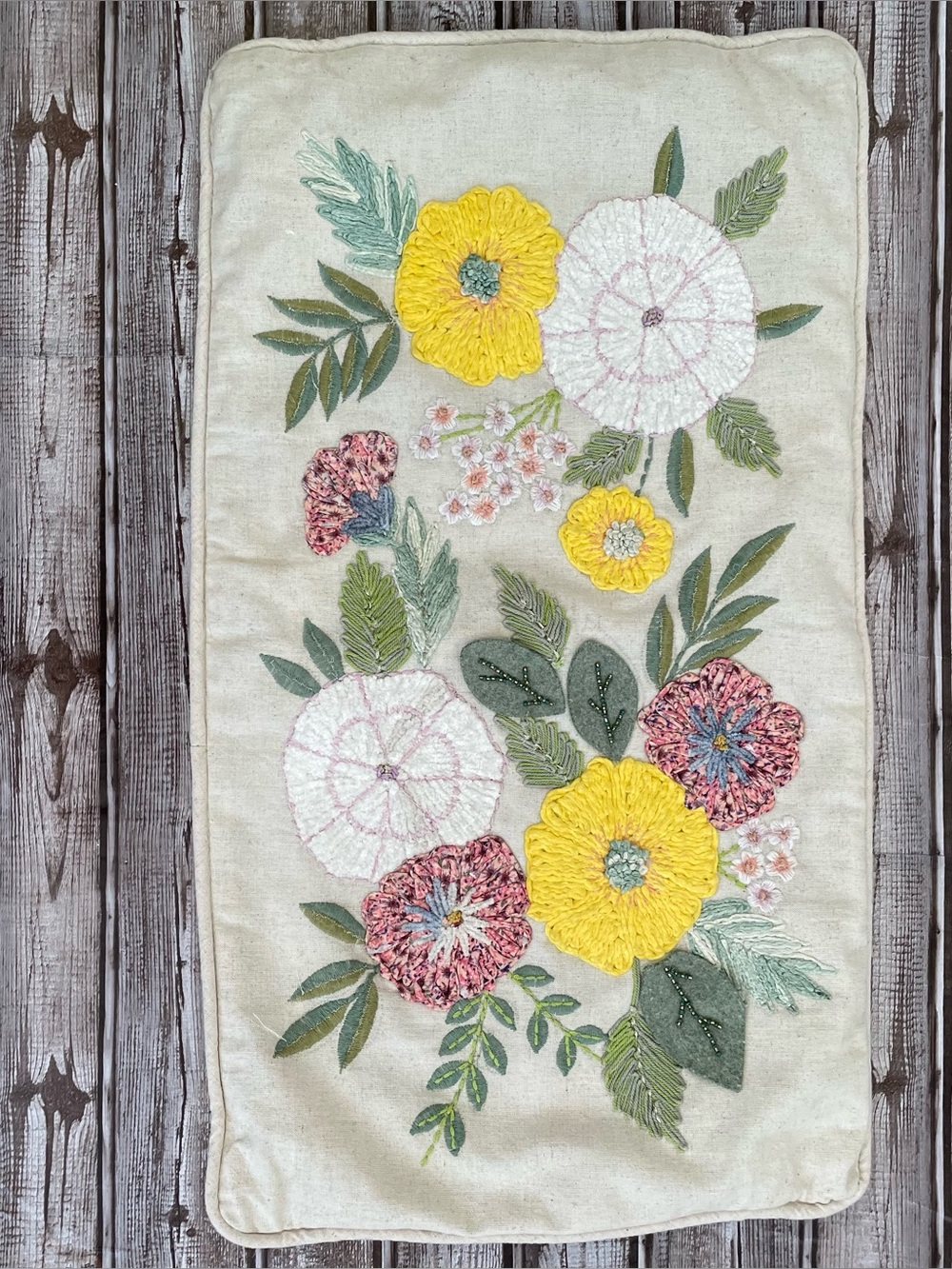 Papyrus throw pillow cover floral appliqué beads felt rectangle